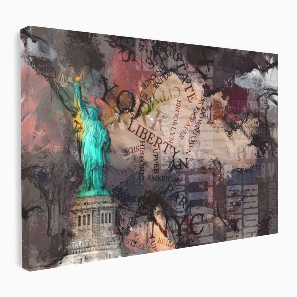 Tablou canvas cu tablou canvas cu statuia libertatii si text, fara rama, pe sasiu de lemn